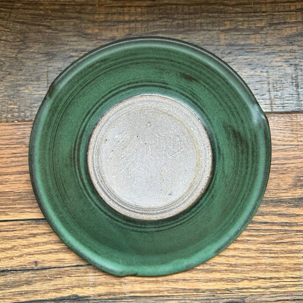 Studio Pottery Flower Frog Bowl Signed Green Glaze Ikebana Vase Holder